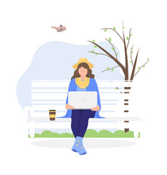 Woman With Laptop Sitting On Bench In Nature