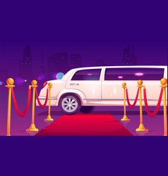 Limousine At Empty Red Carpet With Rope Barrier