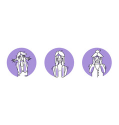 Scared Female Set Circle Icons Young Adult