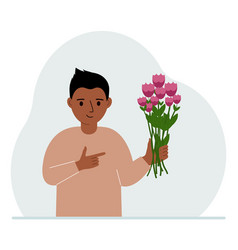 A Little Boy Is Holding Big Bouquet Of Flowers