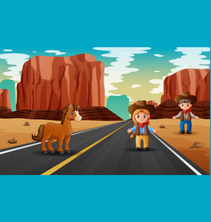 Road Scene With Cowboy Nd Cowgirl Standing