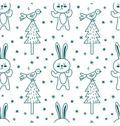 Forest Seamless Pattern With Cute Line Animals