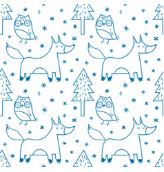 Forest Seamless Pattern With Cute Line Animals Owl