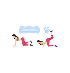 Girls Taking Exercise Positions At Home