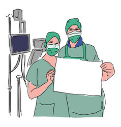 Doctor And Nurse With Facemask Holding A Banner