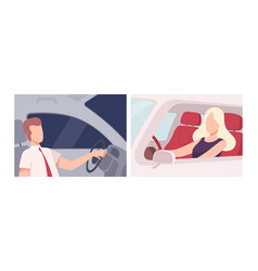 Man And Woman Driving Car Sitting At Driver Seat