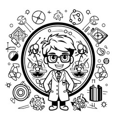 Black And White Of Boy In Science Lab Coat