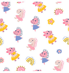 Seamless Pattern With Dino Girls