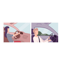 Man And Woman Driving Car Sitting At Driver Seat