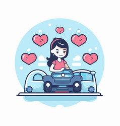 Girl Driving A Car With Hearts Around Her Flat