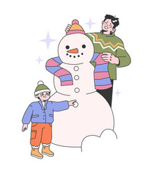 Father And Son Building Decorating A Snowman