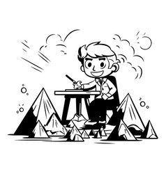 Businessman At The Table In The Mountains Cartoon