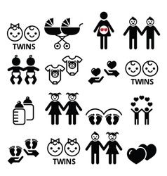 Twin Babies Icons Set - Double Pram Twins