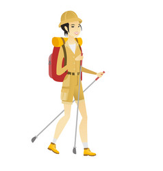 Asian Woman Hiker Walking With Trekking Sticks