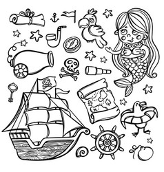 Pirate Ship And Mermaid Cartoon Clipart Set