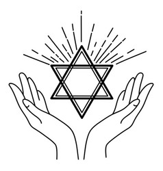 Star Of David Symbol In Open Palms Line Logo