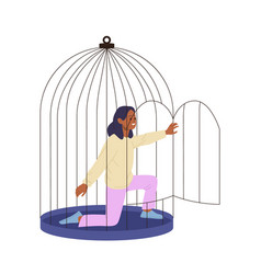 Young Woman Cartoon Character Leaving Cage