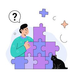 A Man And Cat Put Together Puzzle Solve