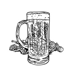 Beer Glass Mug With A Branch Of Hops Line Sketch