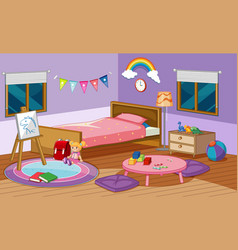 Scene with kid playing with many toys in room Vector Image