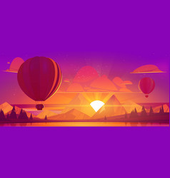 Hot Air Balloons Flying In Sunset Sky Above Pond