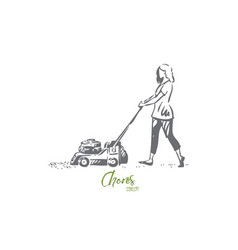 Girl Mowing Lawn Concept Sketch Isolated