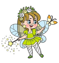 Cute Little Fairy With Magic Wand Looking At A