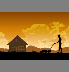 Silhouette Design Of Man Is Mowing Lawn