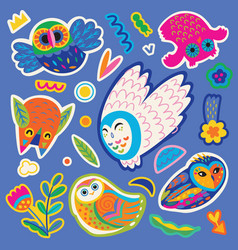 Sticker Set Of Cute Bright Owls And Small Nature