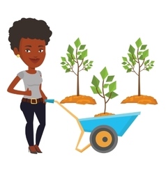 Woman Pushing Wheelbarrow With Plant