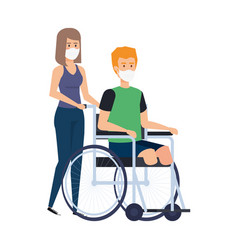 Woman With Man In Wheelchair Using Face Mask