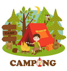 Children near bonfire in summer camp Royalty Free Vector