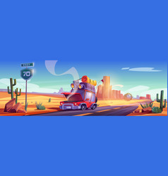 Broken Car On Road In Desert Landscape