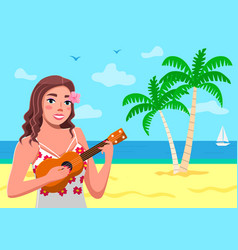 Hawaiian Girl Plays The Guitar Sea Sand And Sky