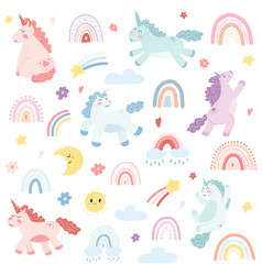 Set Of Cute Unicorns Scandinavian Rainbows Moon