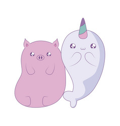 Cute Narwhal With Piggy Baby Animals Kawaii Style