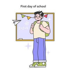 First Day Of School Boy With Backpack Standing In