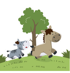 Happy Zebra And Horse Are Running In The Jungle