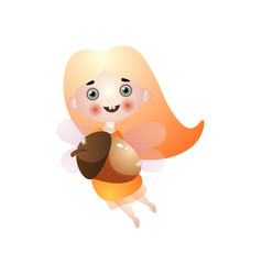 Cute Blonde Hair Fairy Girl Flying With Acorn