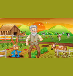 Farm At Sunset Time Scene With Old Farmer Man