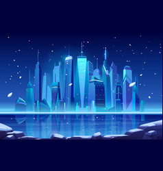 Night Neon Winter City Skyline At Frozen Bay