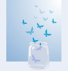 Blue Butterflies Flying Away From Glass Jar