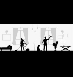 Family Cleaning Living Room Black Silhouette