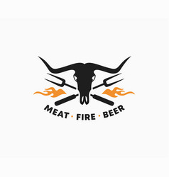 Bull Skull With Long Horn Logo And Barbecue