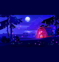 Fantasy Little Wooden House Of Gnome At Night