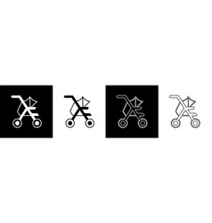 Set Baby Stroller Icon Isolated On Black And White