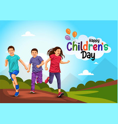 Happy Children Day Group Of Kids Running Nature