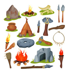 Stone Age And Prehistoric Primitive Tools With Hut