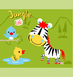 Nice Zebra Cartoon With Little Bird And Duck