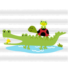 Funny Crocodile Cartoon With Turtle Frog And Duck